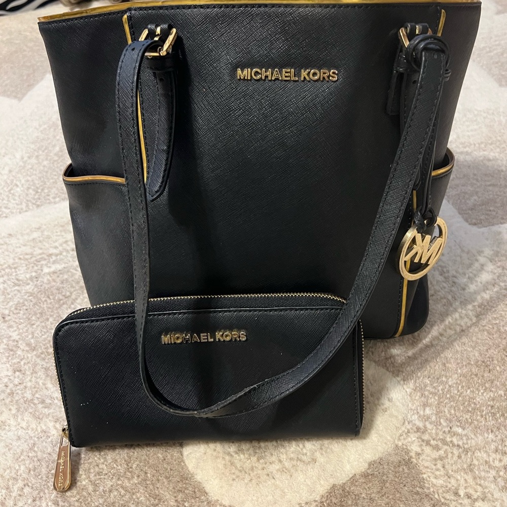 Michael Kors Black and Gold Tote Bag with Wallet